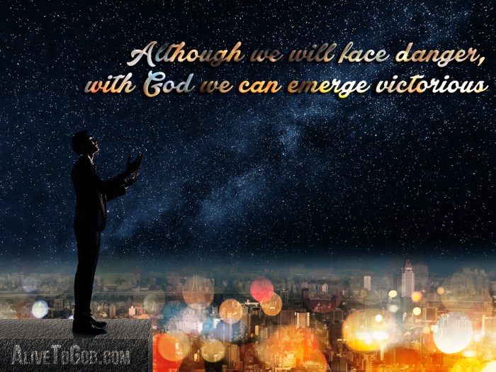 Silhouette of Asian businessman standing and praying at the roof under stars night in city.